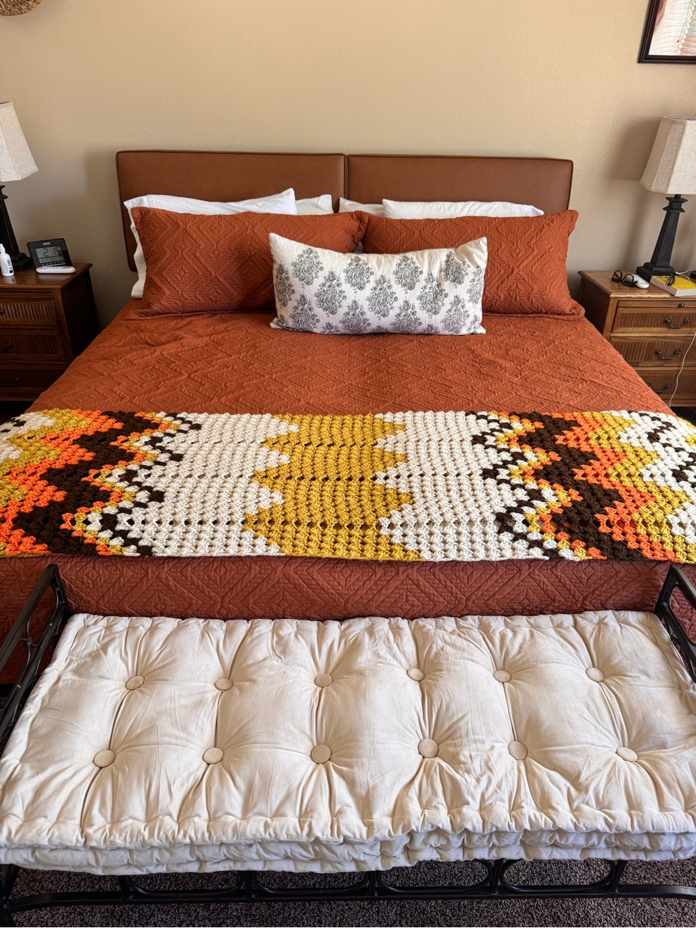 Handmade Crochet Afghan Blanket 86x54 Fall Orange Brown Mustard Cream Fringe